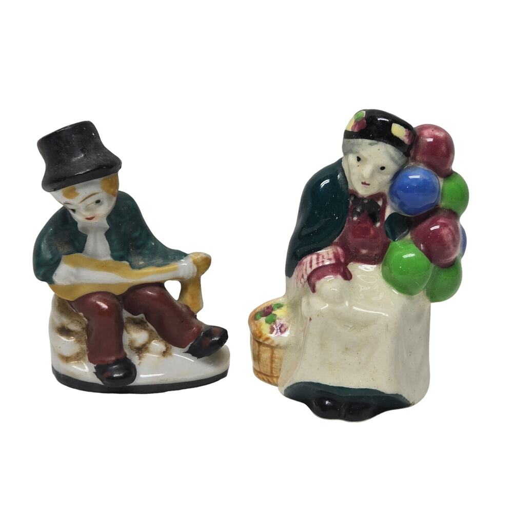 Vintage Older Lady w. Balloons & Boy w. Top Hat Playing the Guitar Mini Figures